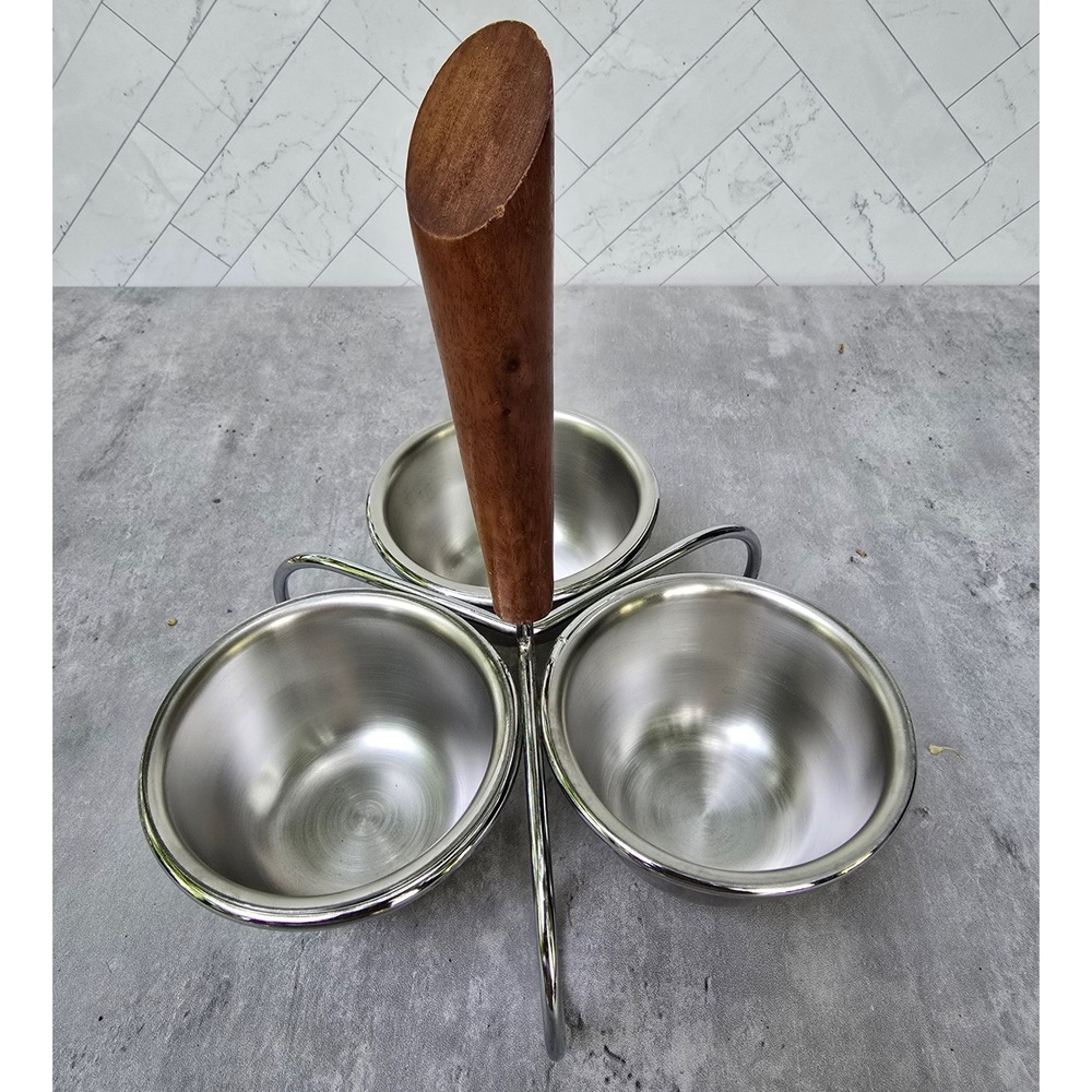 Vintage Mid Century Modern 3 Bowl Condiment Server Chrome Wood Handle MCM